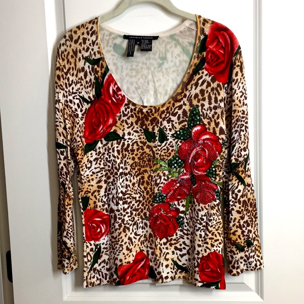 Michelle Nicole Top Medium Beaded Red roses leopard print